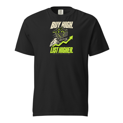 Buy High. List Higher. Tee — black Comfort Colors 1717 with cream and lime sealed-box cart front print