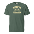 Certified Indoor Person Tee — Blue Spruce Comfort Colors 1717 with cream couch and lettering front print