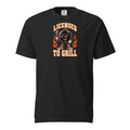 Licensed to Grill barbecue graphic printed on a Black Comfort Colors 1717 T-shirt, front view