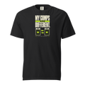My Comps Are Different trading-card graphic printed on a Black Comfort Colors 1717 T-shirt, front view