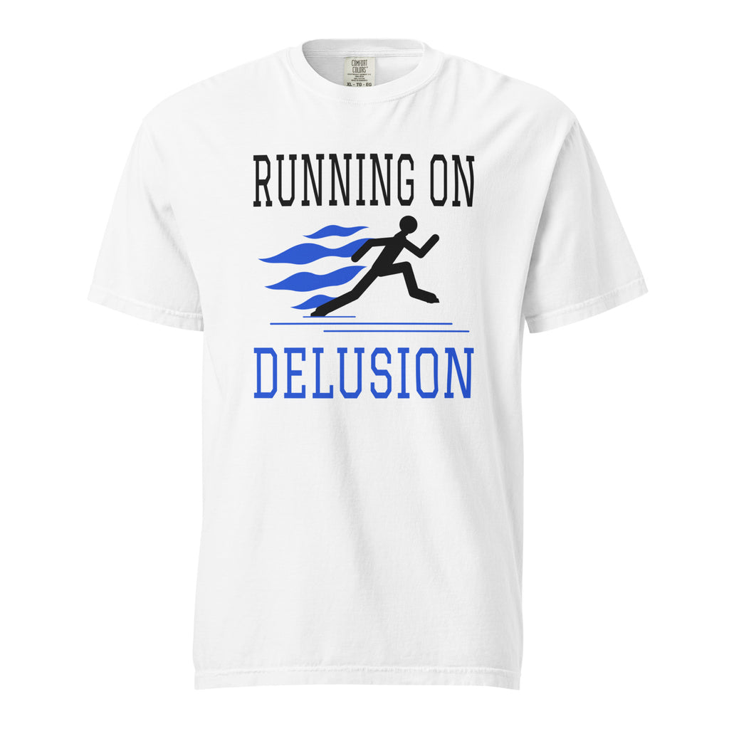 Running on Delusion white Comfort Colors tee, front view with black runner and blue flames
