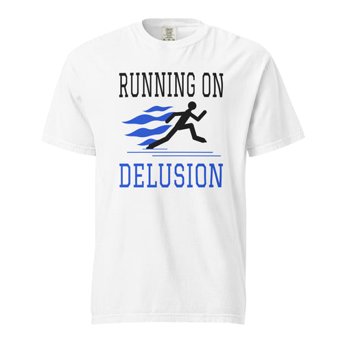 Running on Delusion white Comfort Colors tee, front view with black runner and blue flames