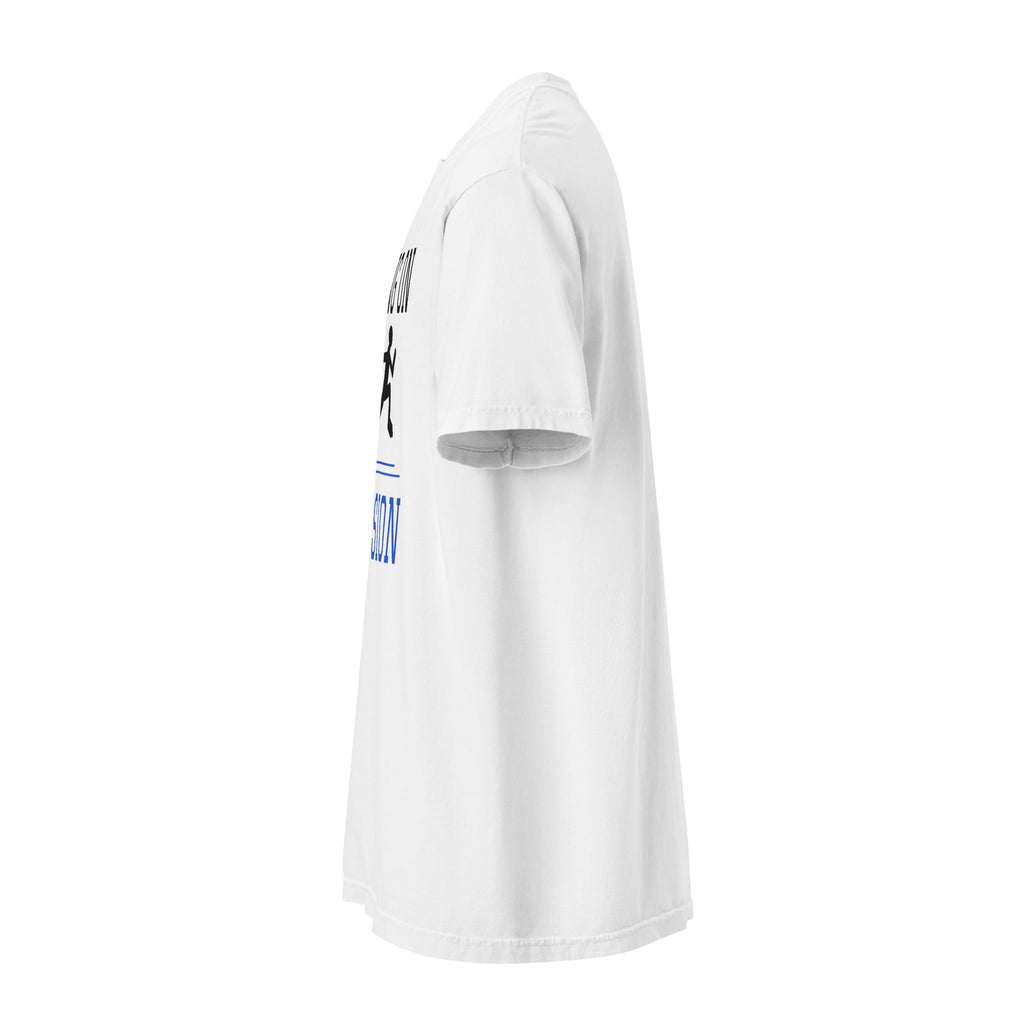 Running on Delusion white Comfort Colors tee, left side view