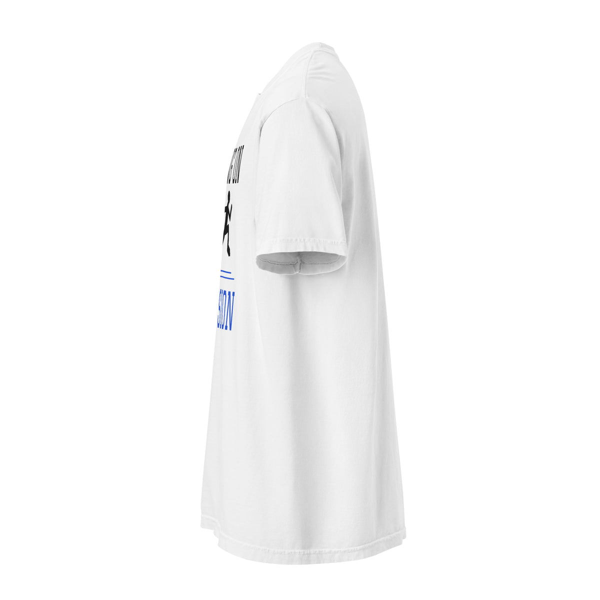Running on Delusion white Comfort Colors tee, left side view