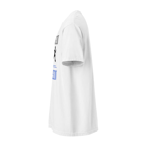 Running on Delusion white Comfort Colors tee, left side view