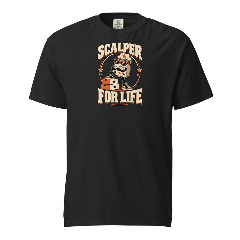 Scalper for Life booster-box character graphic printed on a Black Comfort Colors 1717 T-shirt, front view