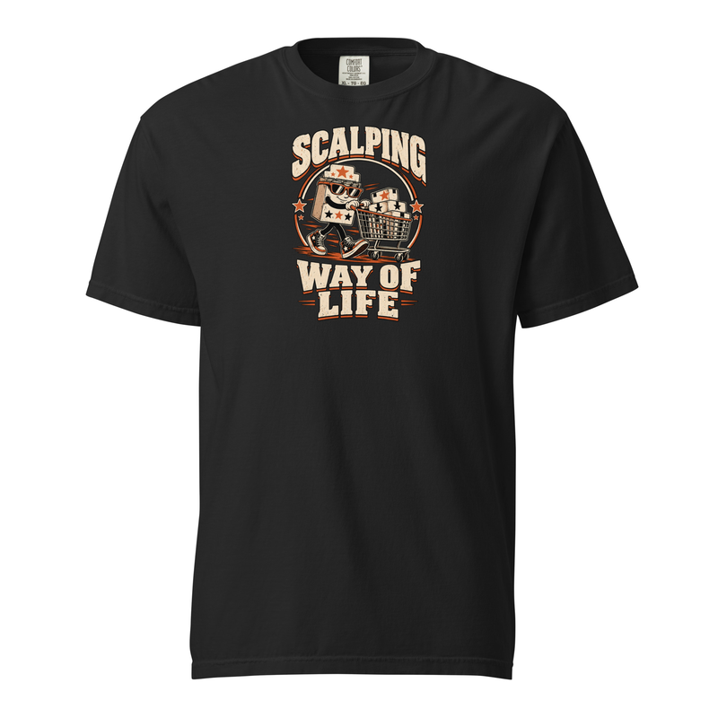 Scalping Way of Life shopping-cart character graphic printed on a Black Comfort Colors 1717 T-shirt, front view