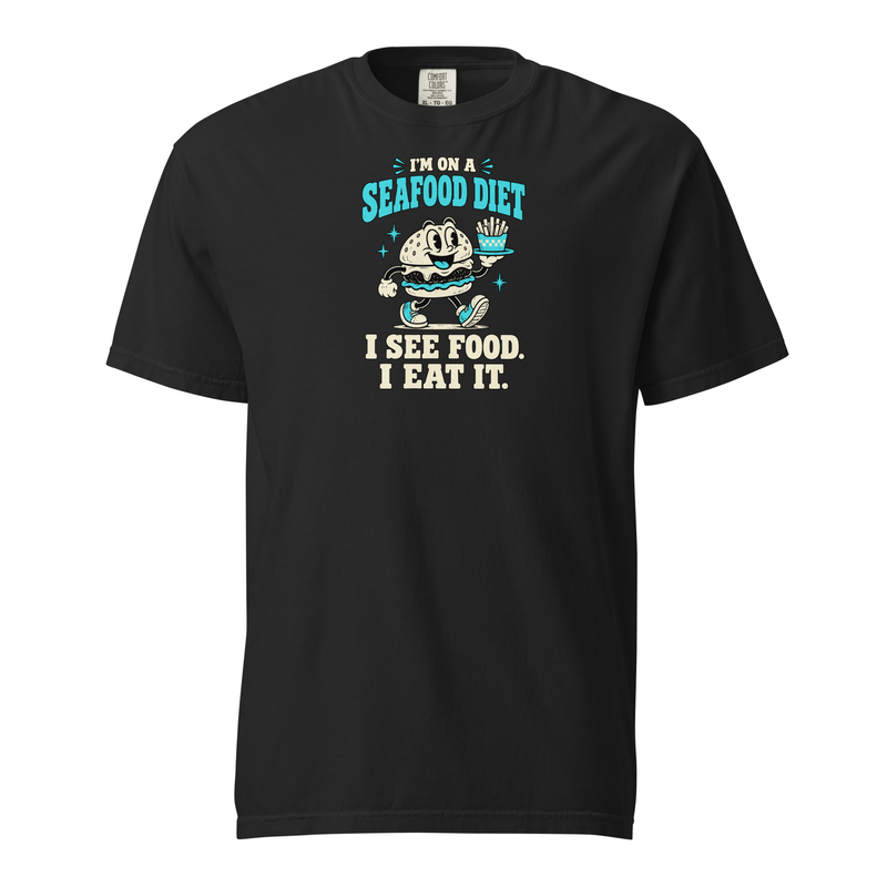 I'm on a Seafood Diet burger and fries graphic printed on a Black Comfort Colors 1717 T-shirt, front view