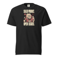 Sealed Product Open Issues box character graphic printed on a Black Comfort Colors 1717 T-shirt, front view